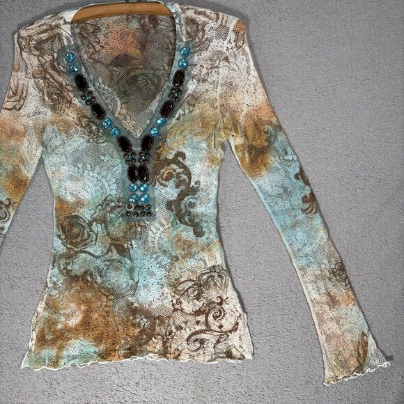 Boston Proper Lace Mesh Stretch Top Size XS Artsy Boho Layering Sheer Y2K Grunge - Picture 3 of 16